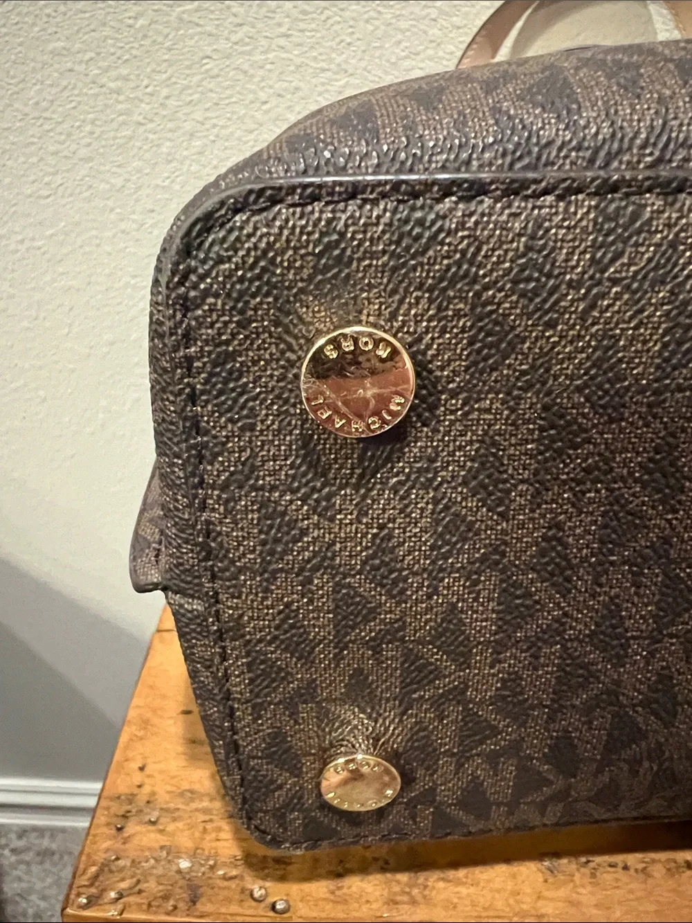 Michael Kors Emilia Small Satchel with Light Beige Trim & Gold Accents